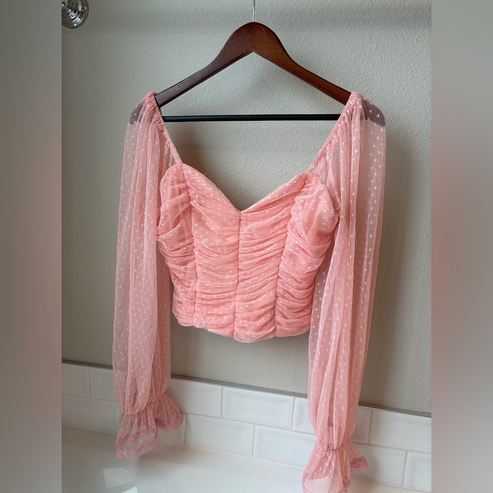 Pink Ruched Blouse with Sheer long Sleeves in size‎ S